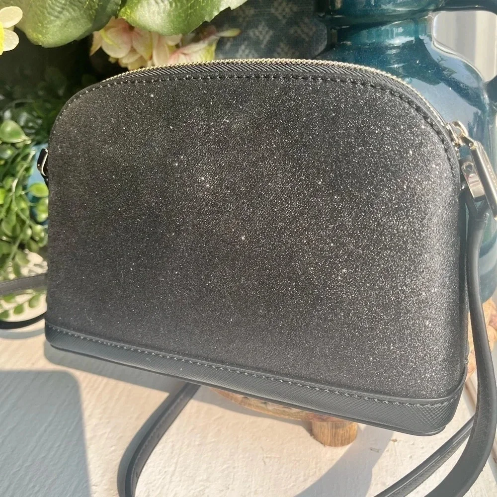 Kate Spade New York Black Glitter Leather Crossbody Bag Spade Logo NWT